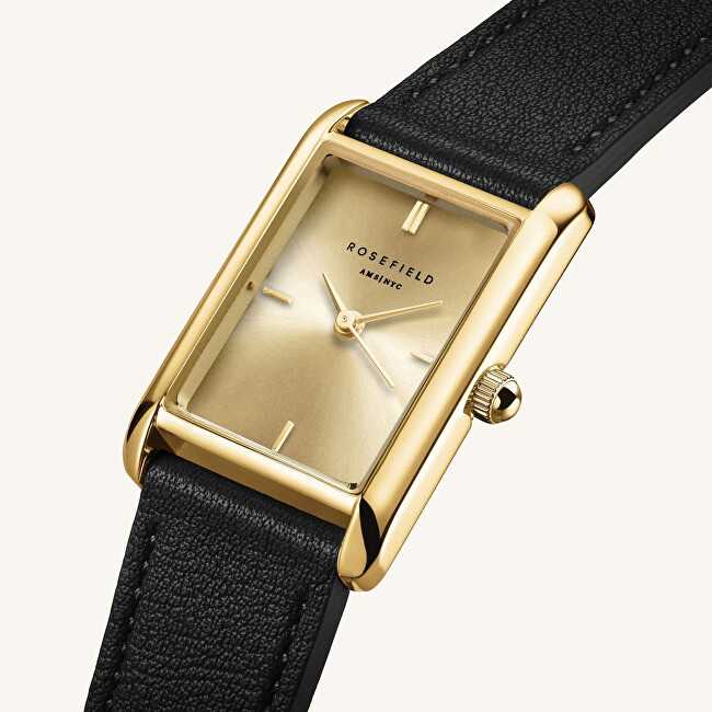 Laikrodis Rosefield Heirloom modernus šampano ciferblatas auksinis juodas odinis HCBLG-H07