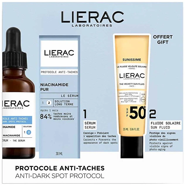 Rinkinys „Lierac“: „Protocole“ serumas veidui nuo tamsių dėmių, 30 ml + „Sunissime The Sun“ aksominis fluidas veidui SPF50+, 25 ml
