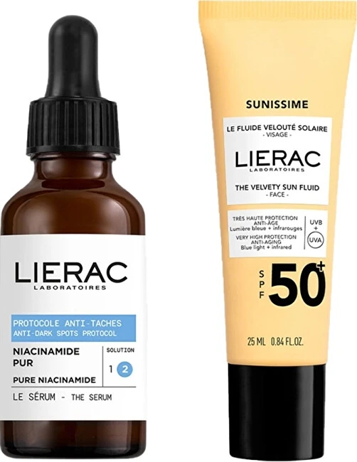 Rinkinys „Lierac“: „Protocole“ serumas veidui nuo tamsių dėmių, 30 ml + „Sunissime The Sun“ aksominis fluidas veidui SPF50+, 25 ml