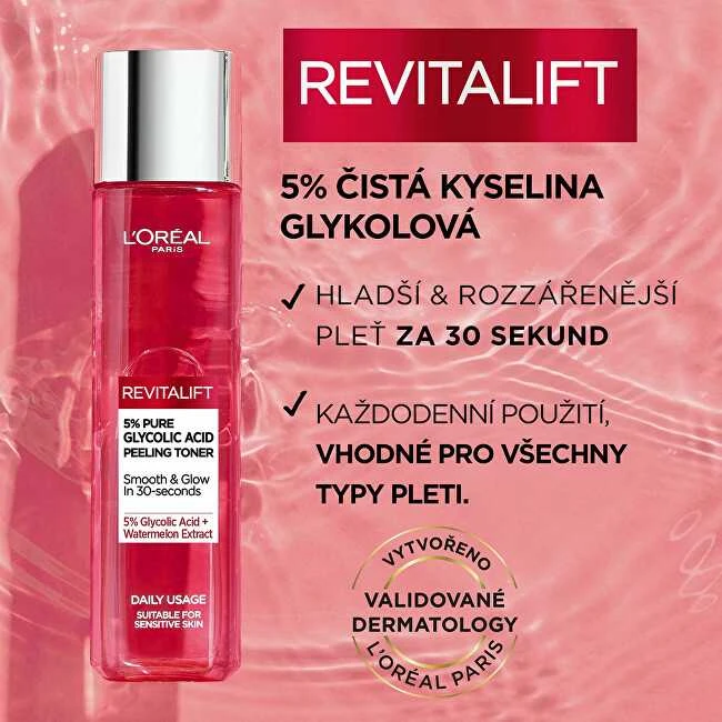 L'Oréal Paris Revitalift 5% grynos glikolio rūgšties peeling toneris veido losjonas ir purškiklis moterims, 180 ml