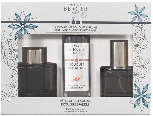 Maison Berger Paris Dovanų rinkinys aromaterapiniam difuzoriui Rosalie pilka + papildymas ir namų purškiklis Intensyvūs blizgučiai