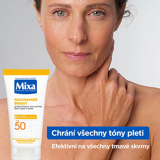 Mixa Niacinamide Bright apsauganti ir koreguojanti tamsias dėmes kreminis veido priežiūros priemonė nuo saulės
