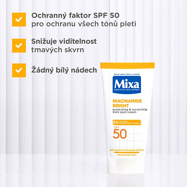 Mixa Niacinamide Bright apsauganti ir koreguojanti tamsias dėmes kreminis veido priežiūros priemonė nuo saulės