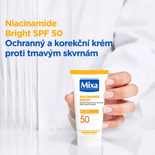 Mixa Niacinamide Bright apsauganti ir koreguojanti tamsias dėmes kreminis veido priežiūros priemonė nuo saulės