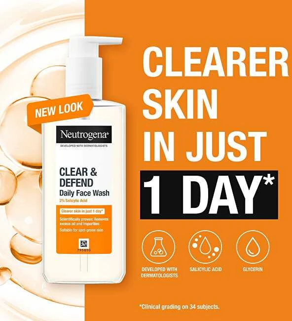 Neutrogena Clear & Defend 2% salicilo rūgšties veido prausimosi gelis unisex, 200 ml