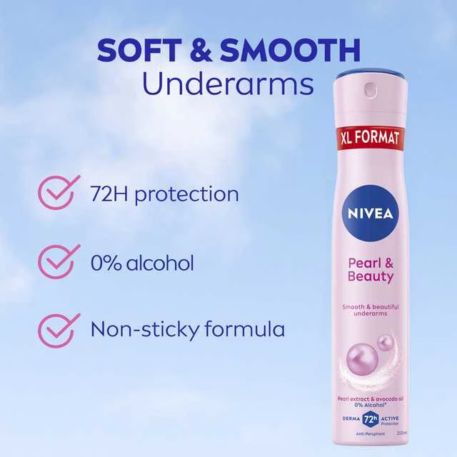 Nivea Pearl & Beauty purškiamas dezodorantas su technine informacija