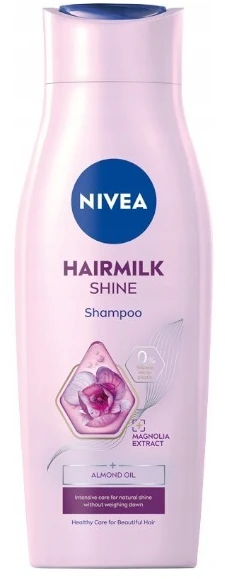 „Nivea“ maitinamasis šampūnas su pienu ir šilko baltymais pavargusiems, negyviems plaukams. „Hairmilk Shine“ (Care Šampūnas).