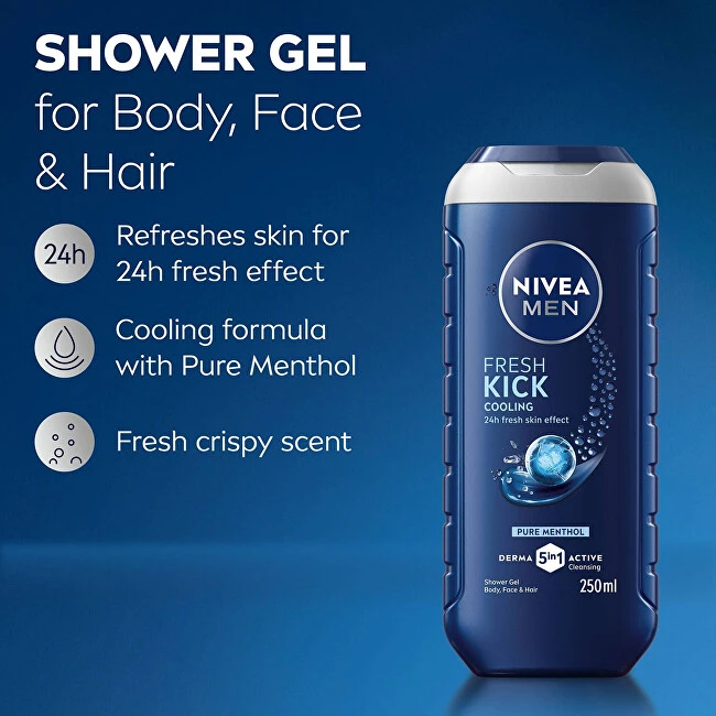 Nivea „Men Fresh Kick“ dušo želė veidui, kūnui ir plaukams, 250 ml