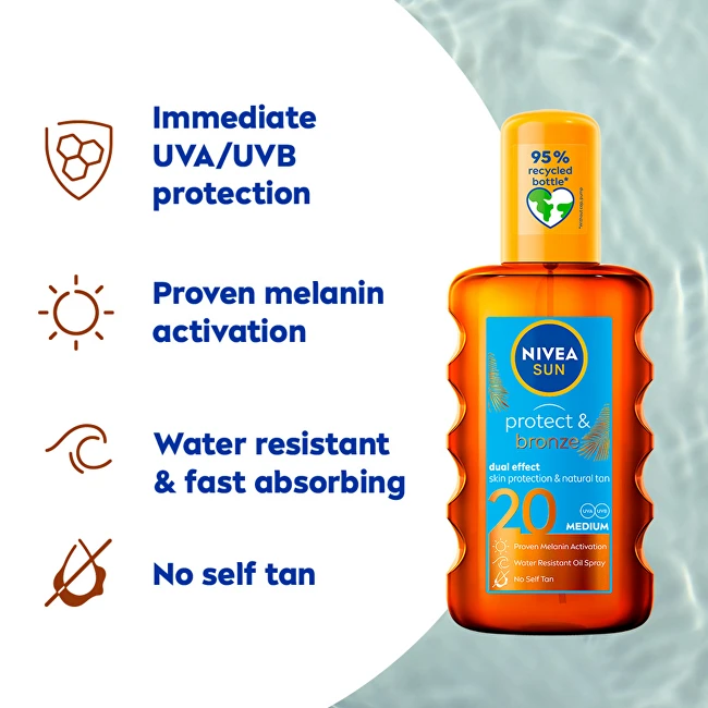 Nivea Įdegio aliejus purškiamas įdegio palaikomasis SPF 20 Sun (Protect - Bronze Oil) 200 ml