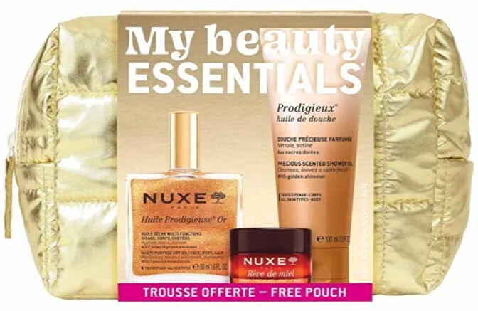 Nuxe „My Beauty Essentials“ rinkinys: aliejus su aukso dalelėmis 50 ml + dušo aliejus 100 ml + lūpų balzamas 15 g