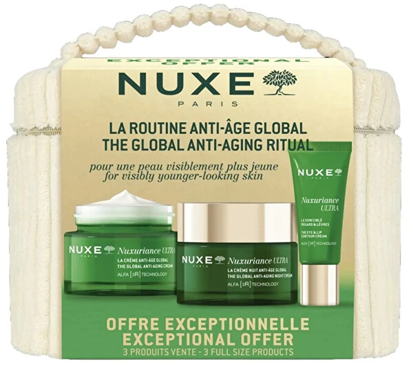 Nuxe „Nuxuriance Ultra“ rinkinys: dieninis kremas nuo senėjimo 50 ml + naktinis kremas nuo senėjimo 50 ml + paakių ir lūpų kremas 15 ml