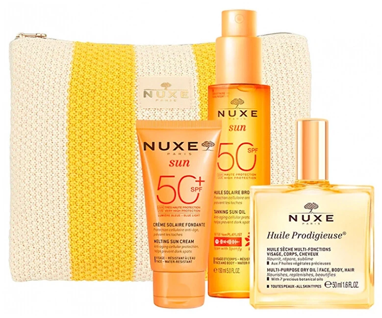 Summer Essentials Kit 2025 Set Nuxe: Sun, UV Protection, Sunscreen Kreminis, For Face, SPF 50, 50 ml + Huile Prodigieuse Or Multi-Purpose, Body Oil, For Face, Body & Hair, 50 ml + Sun, Anti-Ageing, Tanning Oil, SPF 50, 150 ml + Sun, GWP Textile Pouch, Baltas & Geltona