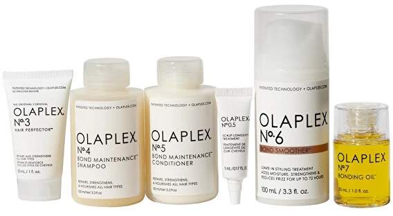 „Olaplex“ rinkinys, suteikiantis plaukams žvilgesio: Nr. 6 „Bond Smoother“ plaukų formavimo kreminis, 100 ml + Nr. 3 „Hair Perfector“ plaukų kreminis atgaivinimui, 30 ml + Nr. 4 „Bond Maintenance“ plaukų šampūnas atkuriamasis ir stiprinamasis, 30 ml + Nr. 0,5 galvos odos ilgaamžiškumo priemonė.