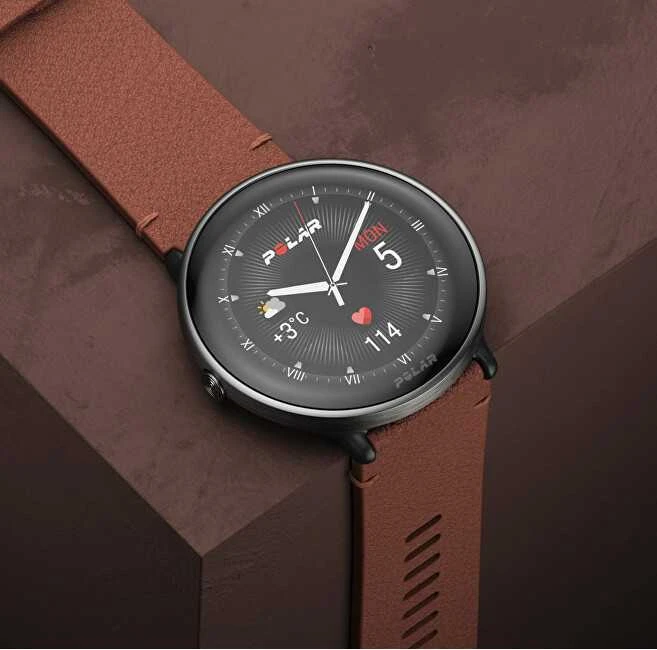 Išmanusis laikrodis Polar Ignite 3 Titanium, S-L dydžio, Juodos spalvos korpusas su rudos spalvos odiniu dirželiu (komplektacijoje papildomai juodos spalvos silikoninis dirželis)