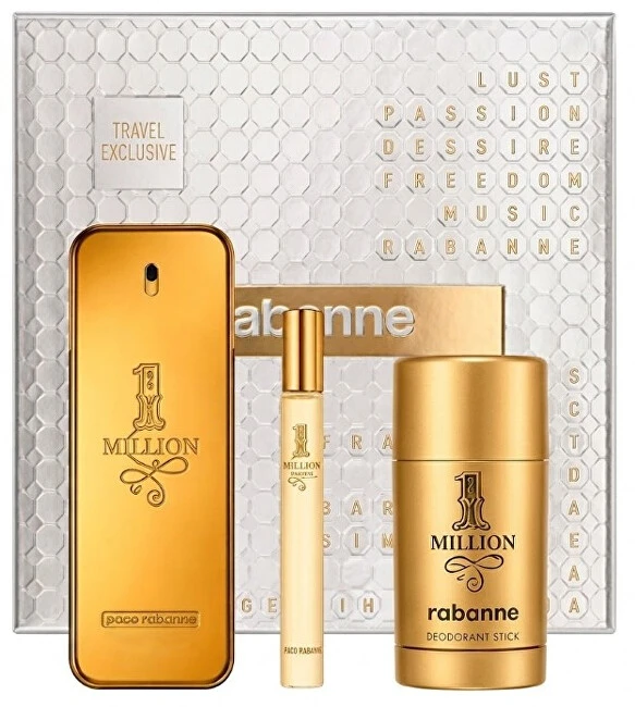 Set Paco Rabanne: 1 Million Eau De Toilette For Men, 100 ml + 1 Million Eau De Toilette For Men, 10 ml + 1 Million Dezodorantas Stick For Men, 75 ml