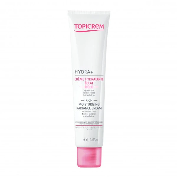Topicrem HYDRA+ Rich Moisturizing Radiance Kreminis drėkinamasis, spindesio suteikiantis veido kremas jautriai ir sausai odai, 40 ml