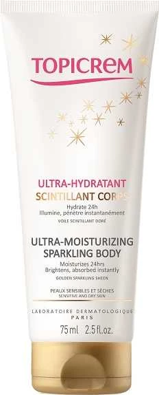 Topicrem Ultra-Moisturizing Sparkling Losjonas kūnui spindesio suteikiantis drėkinamasis kūno losjonas, 75 ml