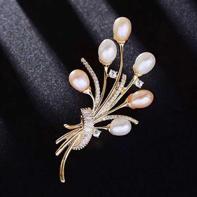 Troli Brooch Bouquet with genuine pearls and crystals Gold