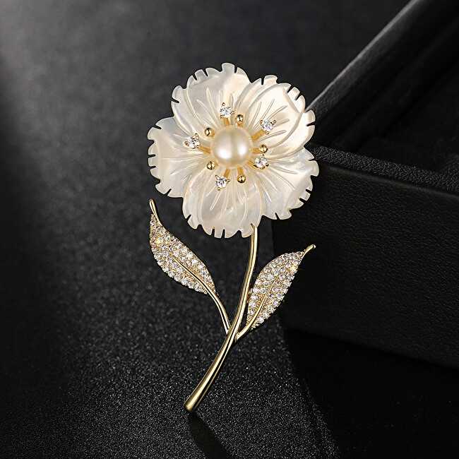 Troli Brooch with genuine pearl in flower and rhinestones Gold