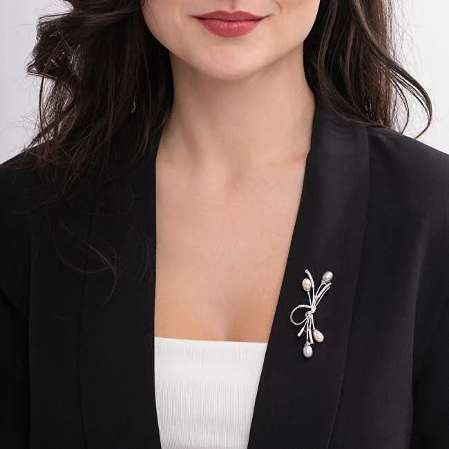 Troli Elegantiška sagė su kristalais ir tikrais perlais, sidabrinė