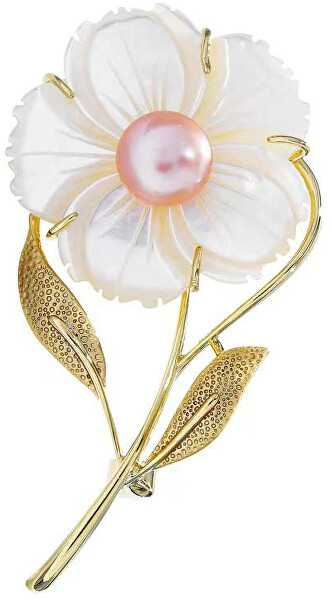 Troli Gold plated brooch with genuine pearl Flower Gold