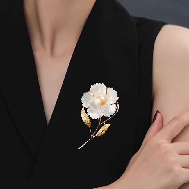 Troli Gold plated brooch with genuine pearl Flower Gold