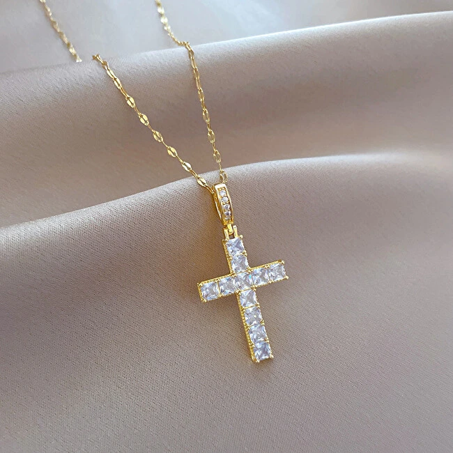 Troli Gold-plated women's pakabukas Cross with clear crystals
