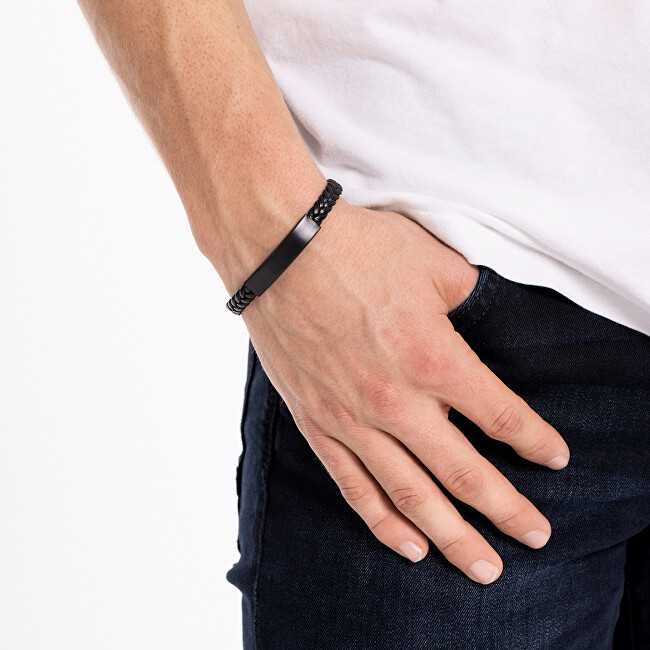 Troli Juodas leather bracelet with steel clasp STO3682