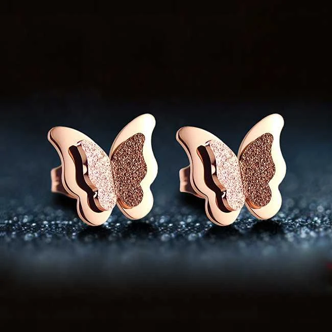 Troli Maži drugelių auskarai Metaliniai drugeliai KES-048-ROSEGOLD