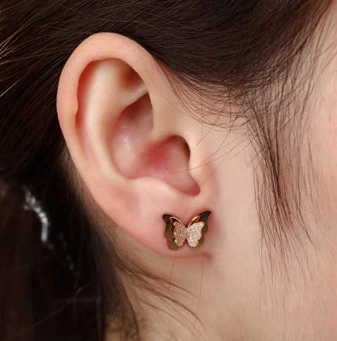 Troli Maži drugelių auskarai Metaliniai drugeliai KES-048-ROSEGOLD