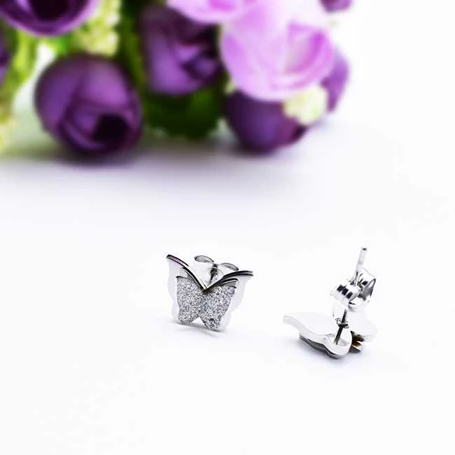 Troli Plieniniai metaliniai drugelių auskarai Butterfly KES-048-SIL