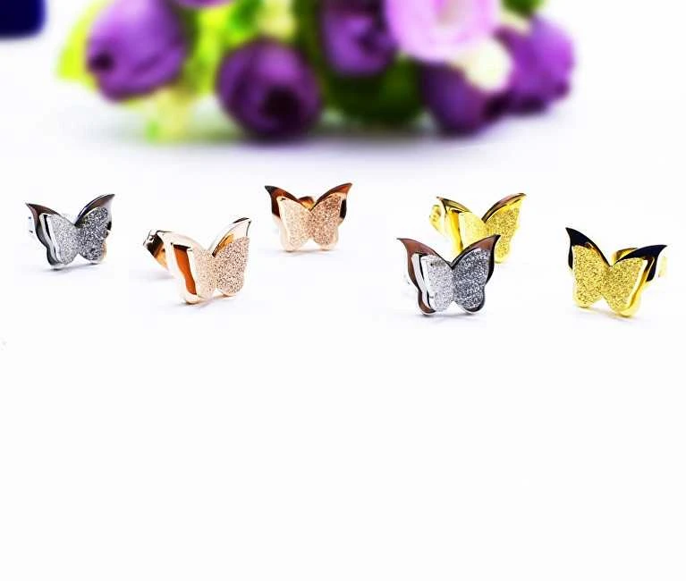 Troli Plieniniai metaliniai drugelių auskarai Butterfly KES-048-SIL