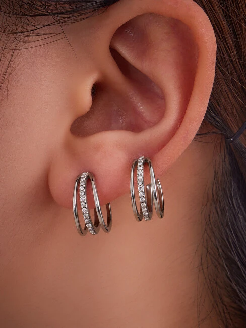 Troli Triple steel single earring with zircons Sidabrinis