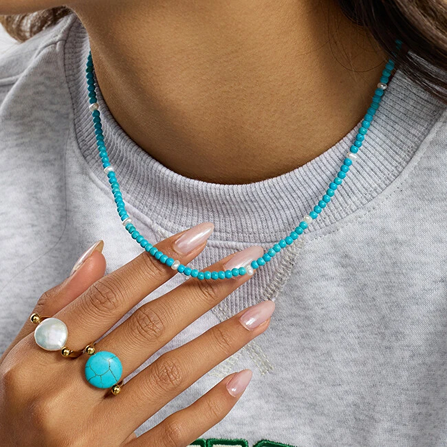 Troli Turquoise bead pakabukas with real pearls Gold