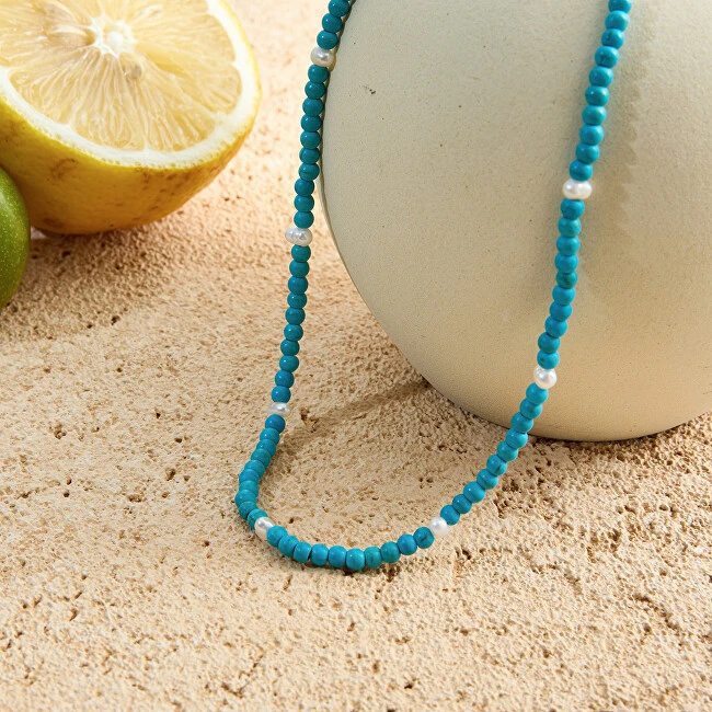 Troli Turquoise bead pakabukas with real pearls Gold
