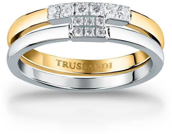 Trussardi Gražus dvispalvis plieno žiedas su cirkonio T-Logo TJAXC41