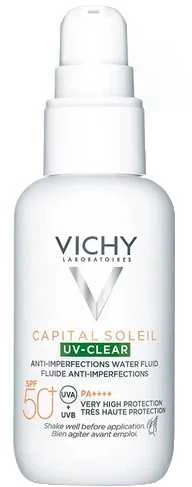 Vichy "Capital Soleil Uv Clear Fluide Anti Imperfections Spf50+" riebios odos apsauginis kremas nuo saulės su salicilo rūgštimi 40 ml