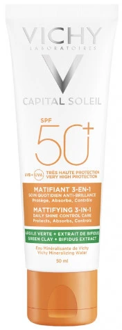 Vichy Capital Soleil Mattifying Protector 3 in 1 Spf50+ matinį efektą suteikianti kasdienė priemonė nuo saulės veidui 50ml