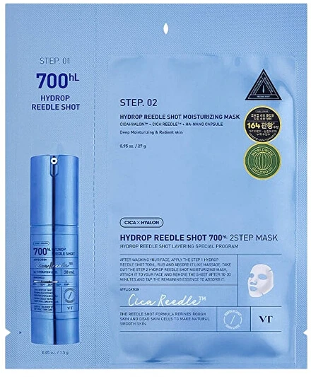 VT Cosmetics - Hydrop Reedle Shot 700hL 2 Step Mask – aktyvaus veikimo drėkinamoji veido kaukė, 1 vnt., 38 g.