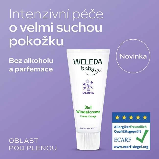 Weleda Baby Derma 3In1 Nappy Change Change vystyklų keitimo kremas jautriai kūdikių odai, 50 ml