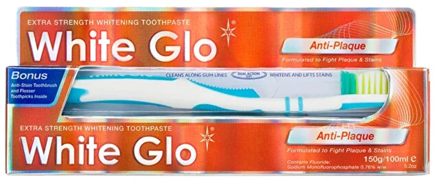 White Glo Baltas Glo Anti-Plaque balinanti dantų pasta, skirta pašalinti ir užkirsti kelią akmenų susidarymui 100ml + šepetėlis