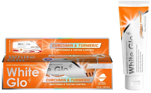 White Glo Baltas Glo Curcumin & Turmeric Dantų pasta balinanti dantų pasta su kurkuminu ir ciberžole 150g/100ml + dantų šepetėlis