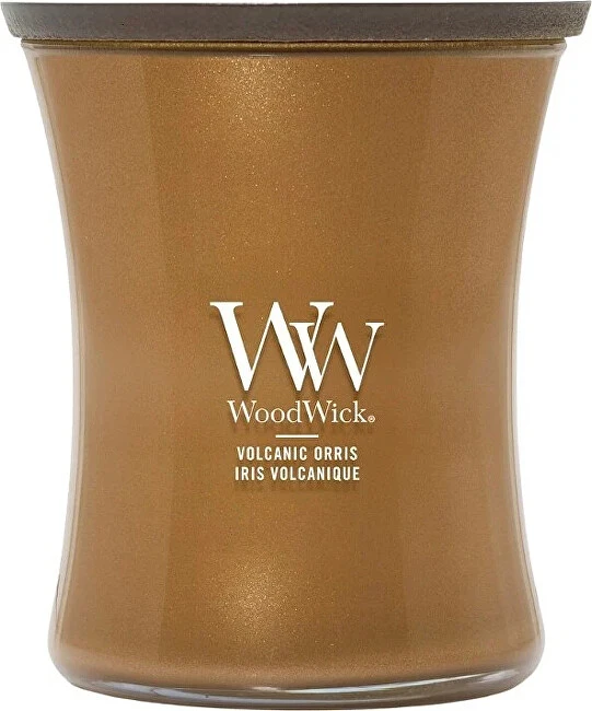 „WoodWick“ vulkaninio vilkdalgio žvakė su vidutinio dydžio užuominomis