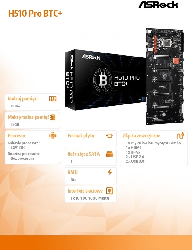 Pagrindinė plokštė ASRock H510 Pro BTC+ / ATX / LGA 1200, modelis ...