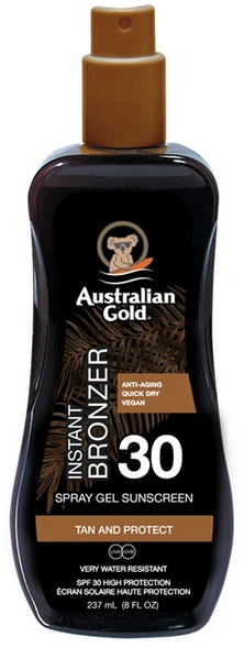 Australian Gold Spray Gel Sunscreen SPF30 Apsauginis purškiamas pienelis nuo saulės su bronzantais, 237 ml aprašymas - Prekės nuotrauka