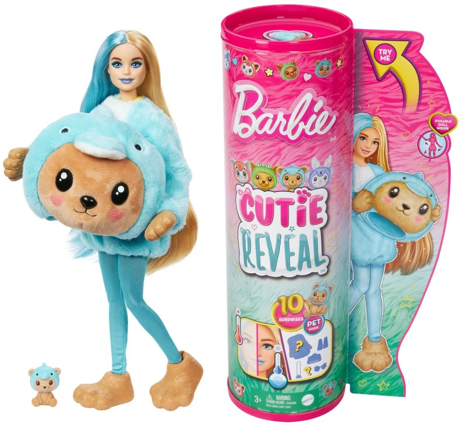 Barbės „Cutie Reveal“ rinkinys, minkštutėlių kostiumų serija - meškutis + delfinas aprašymas - Prekės nuotrauka