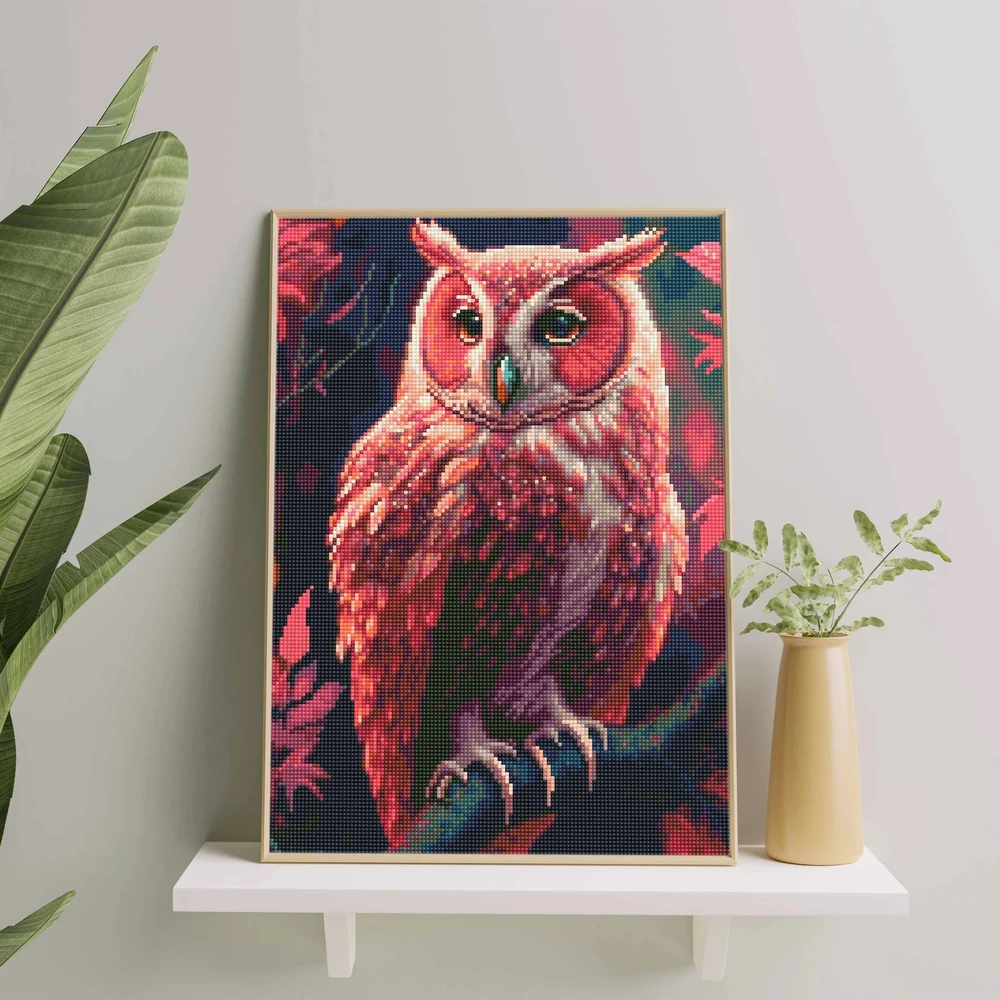 Dėlionė Didelė rožinė pelėda 40×50 cm (apvalūs deimantukai)