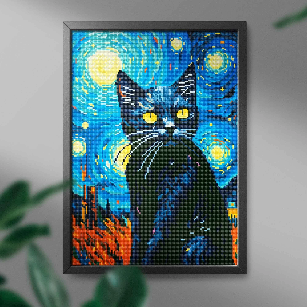 Katinas naktyje 40×50 cm (apvalūs deimantukai)