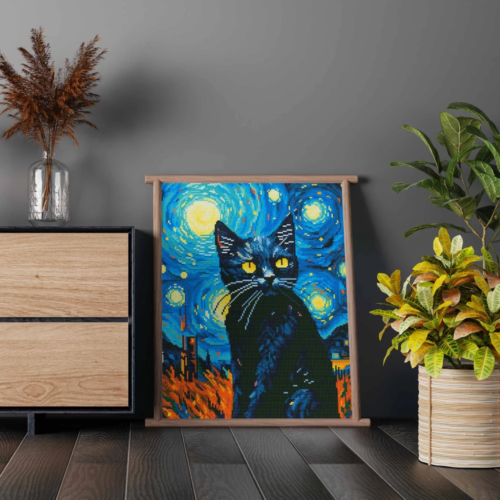 Katinas naktyje 40×50 cm (apvalūs deimantukai)