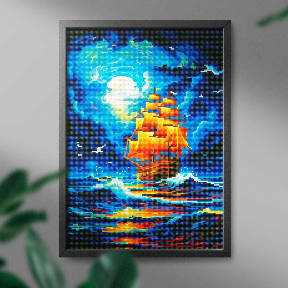 Laivas ir mėnulis 40×50 cm (apvalūs deimantukai)